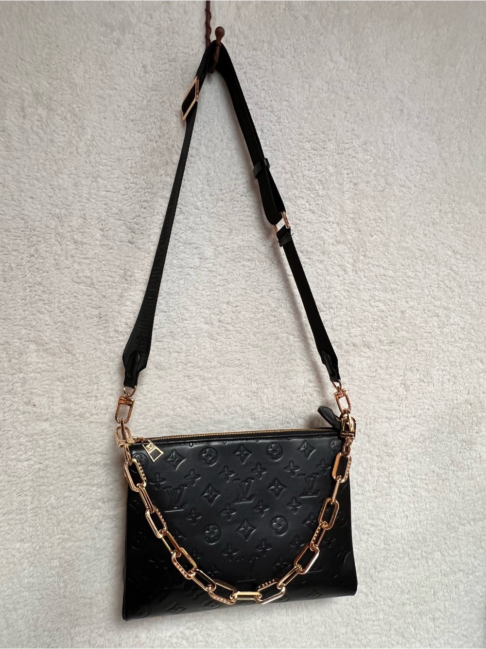 Coussin PM Black Embossed Leather Shoulder Bag with Gold Chain Strap